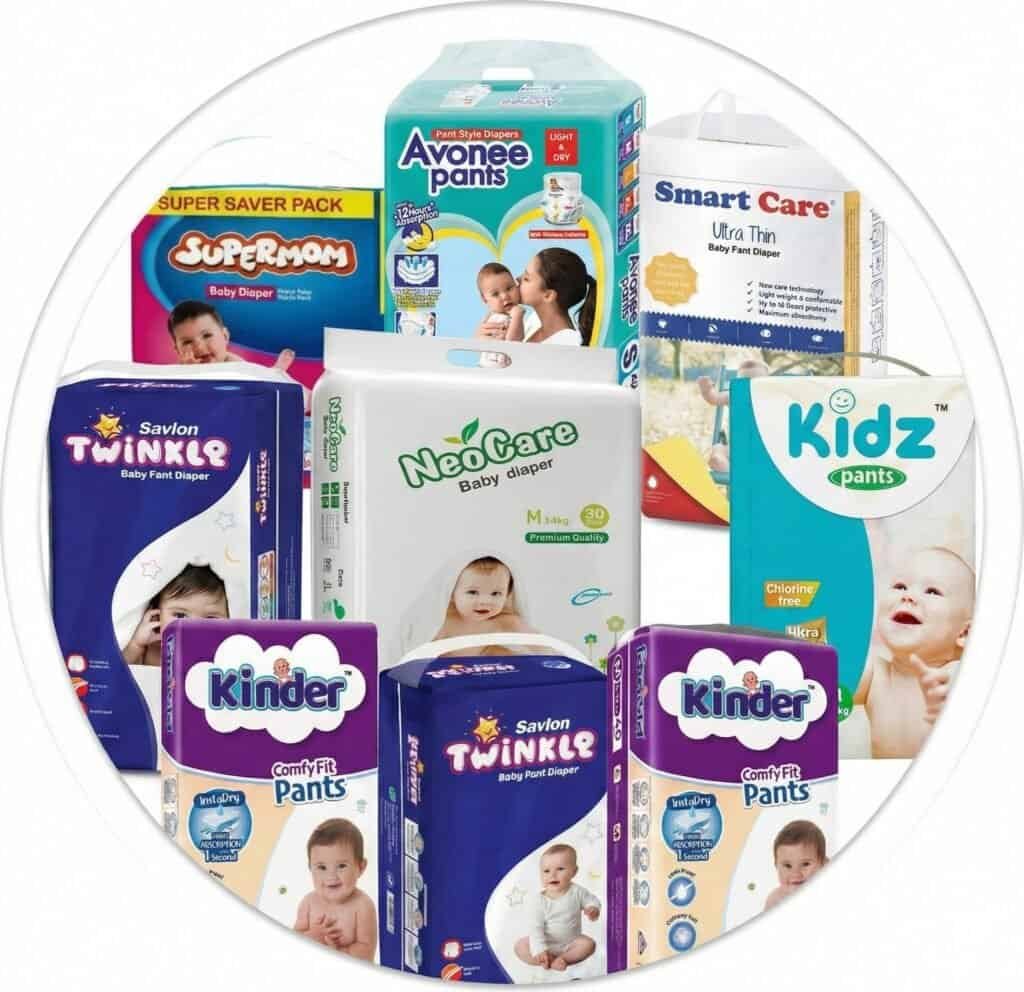 Baby diapers and pants display featuring brands like Avonee, SuperPamp, Kidz, and Kinder at NBC Mart.